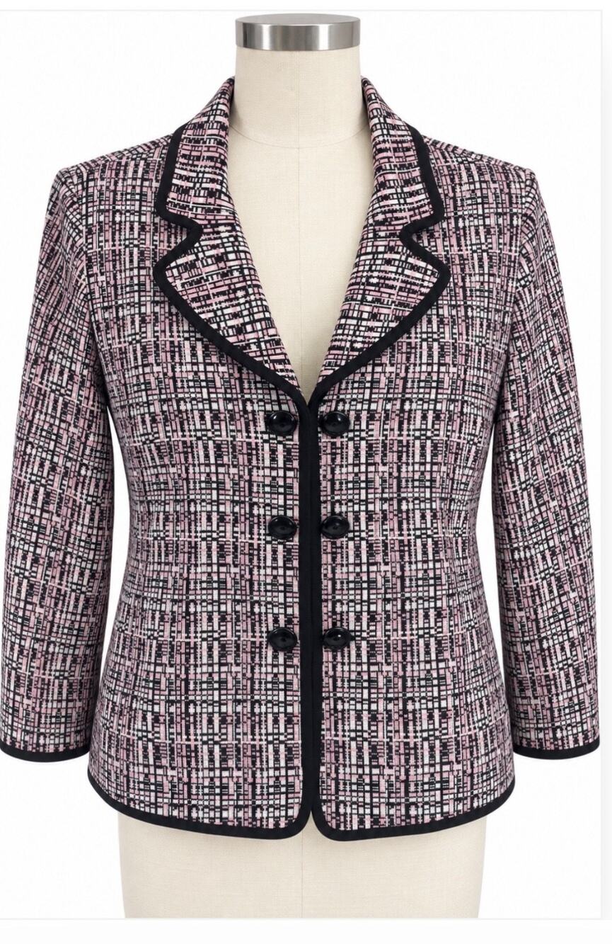 Misook Women’s Pink Black Geometric Knit Jacket Frog Closure Blazer Large